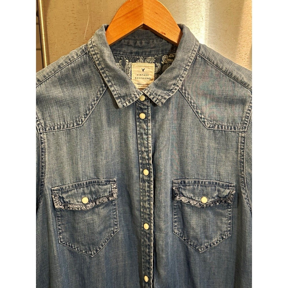 American Eagle Western Chambray Pearl Snap Western Shirt XL Fall Pumpkin Patch
